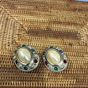 Classic Pearl Center Multicolor Stone high quality Clip Earrings - Women Jewelry